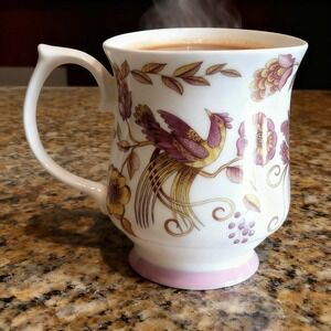 Queen's Fine Bone China Tea Cup, Peacock Masquerade, Pink Design, 8 Oz, 3.5"